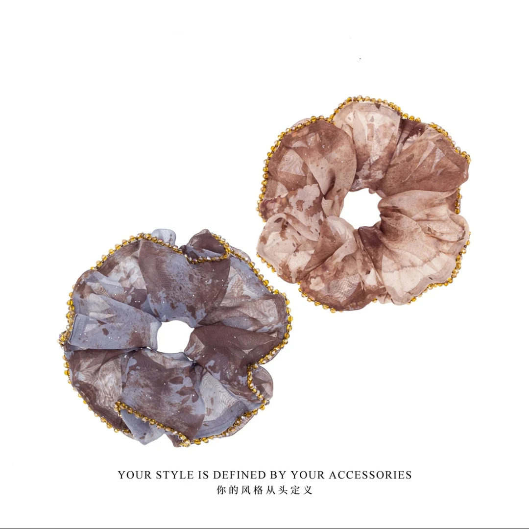 韩系渐变色大肠发圈发绳女新款碎花珠珠低丸子头绳精致减龄发饰