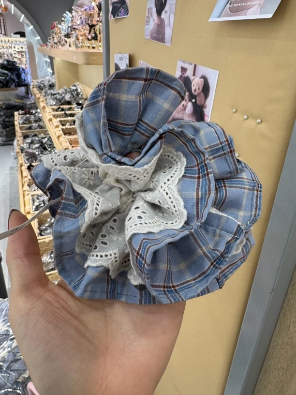 蓝色格子小蛮腰发圈韩系