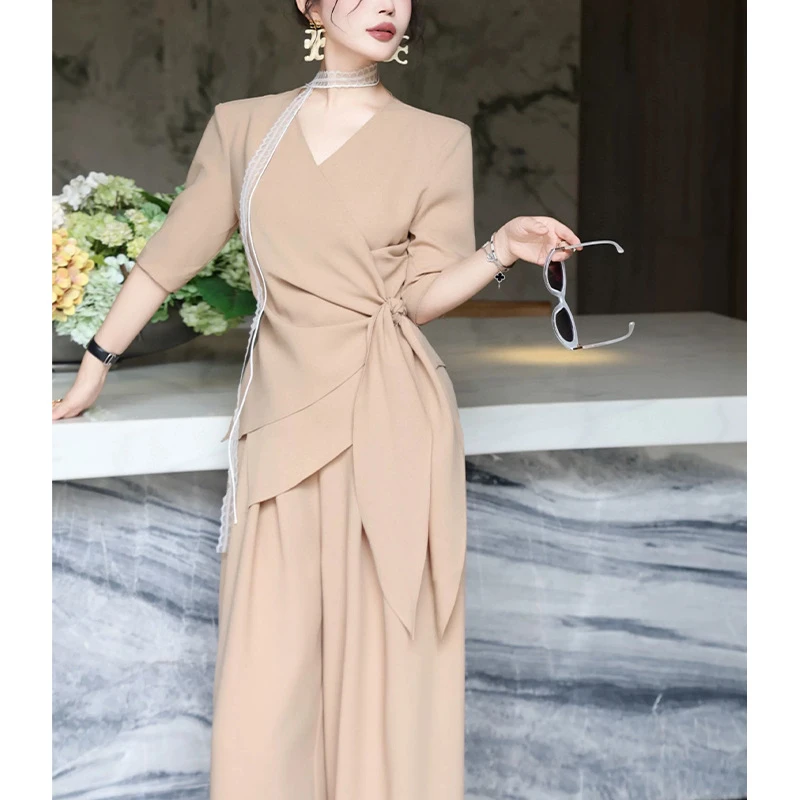 大码女装夏季新款时尚套装女胖mm不规则收腰绑带阔腿裤两件套