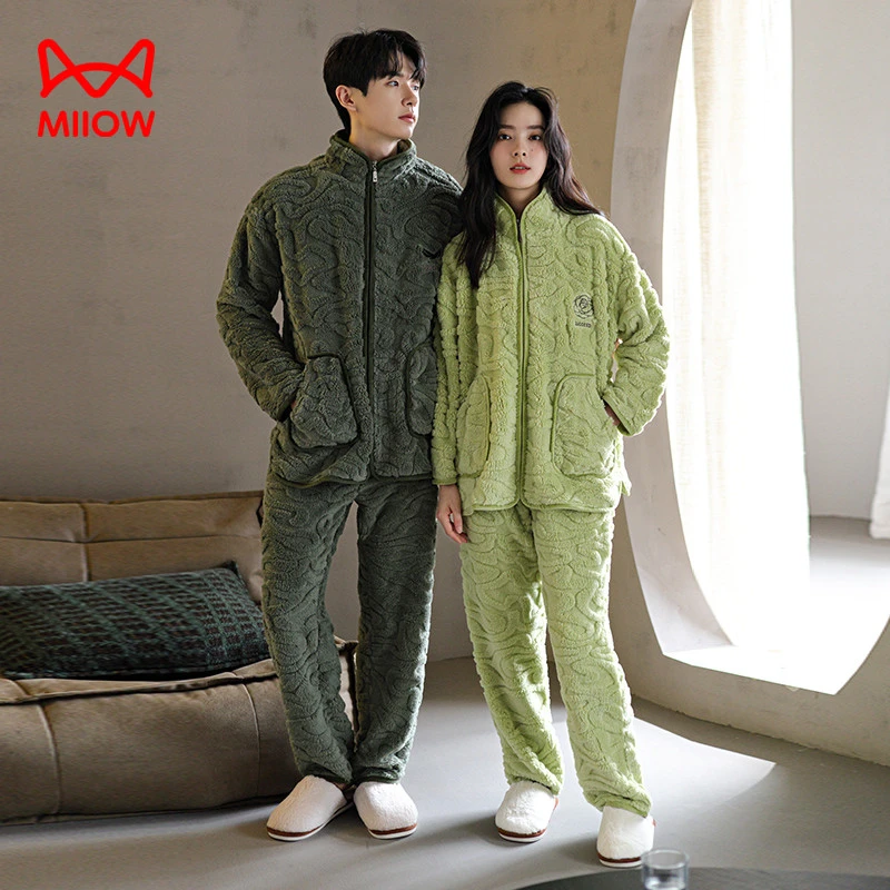 猫人经典情侣睡衣冬季加绒珊瑚绒家居服男款女士可外穿法兰绒套装