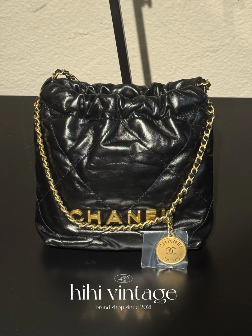 99新 Chanel/香奈儿 23S黑金牛皮mini 22bag芯片款/14135215