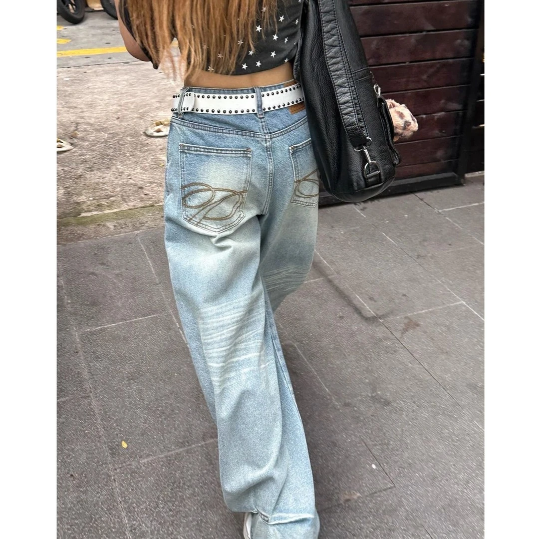 2025秋季新款美式复古口袋刺绣牛仔裤女高腰宽松显瘦阔腿裤ins