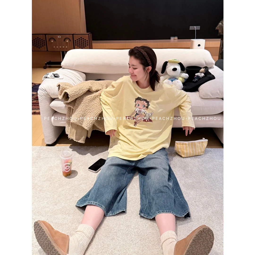 『PEACHZHOU』100棉贝蒂卡通印花宽松圆领长袖美式休闲减龄阔版T恤