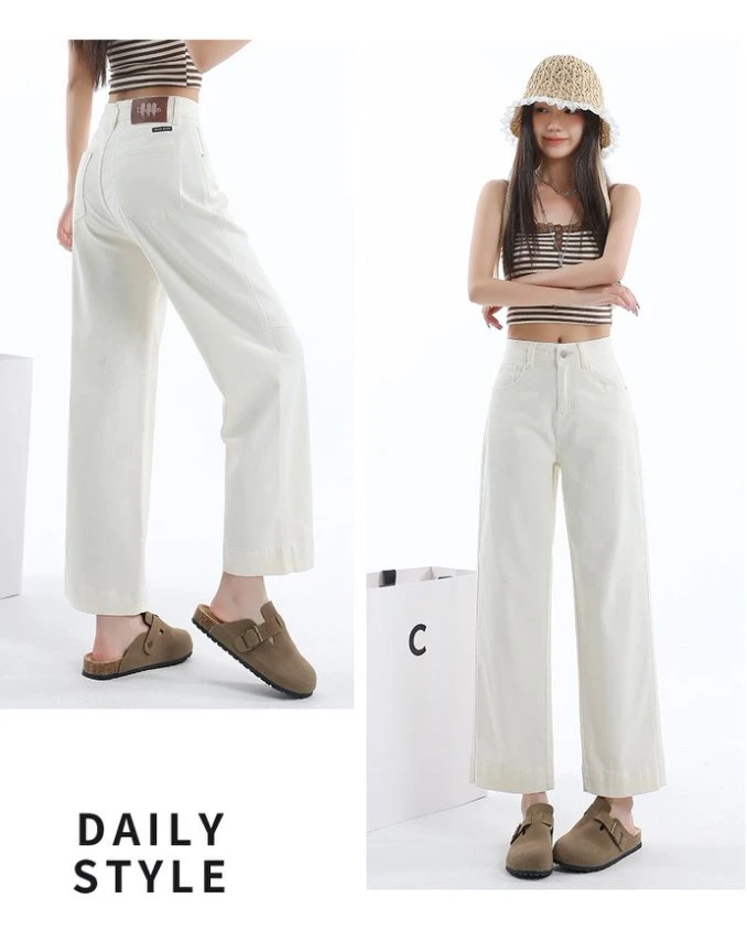 春夏新款九分弹力直筒裤设计感法棍裤牛仔时尚皮牌高腰显瘦