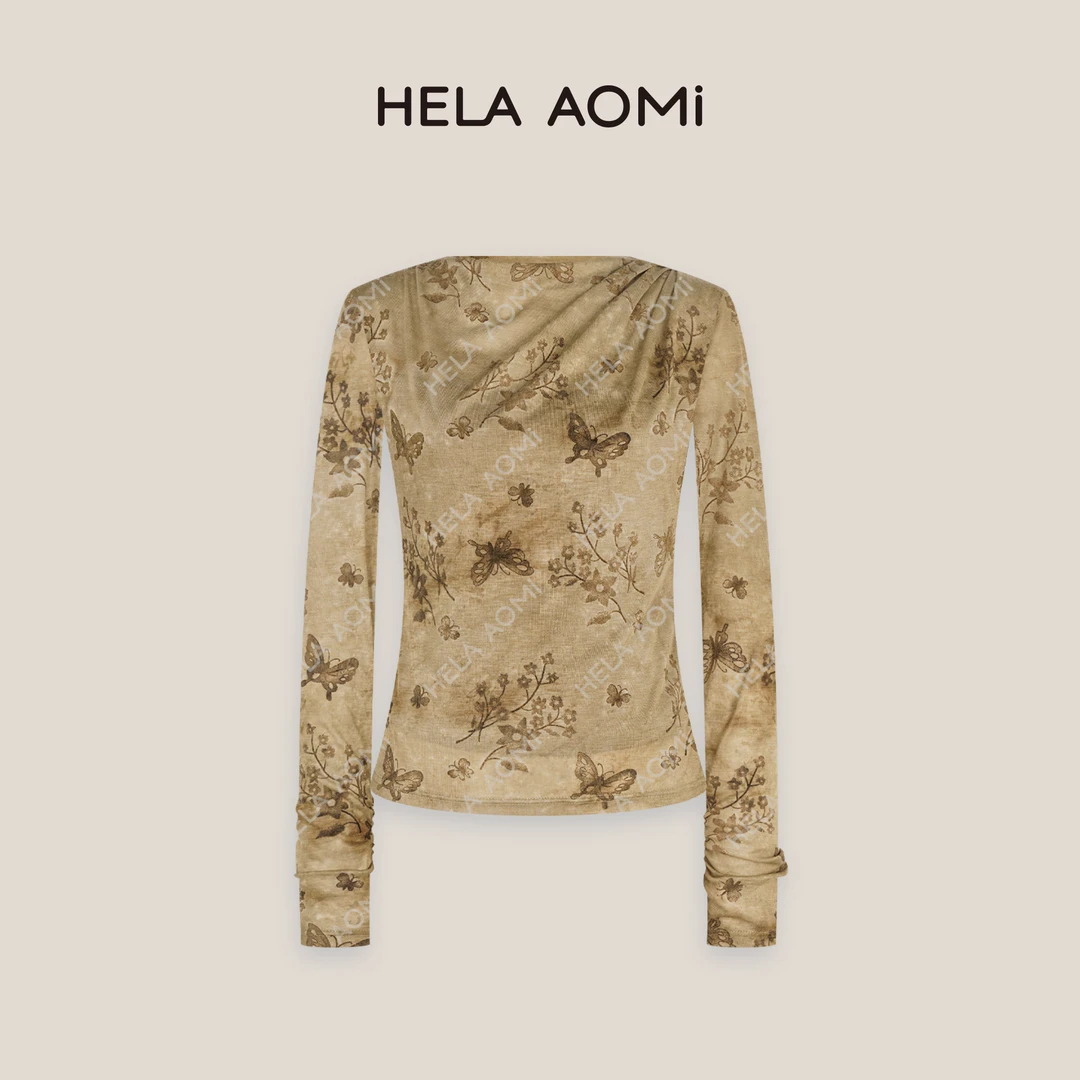 HELAAOMI “浮雕蝶影”蝴蝶印花港风文艺打底衫修身气质百搭上衣T恤