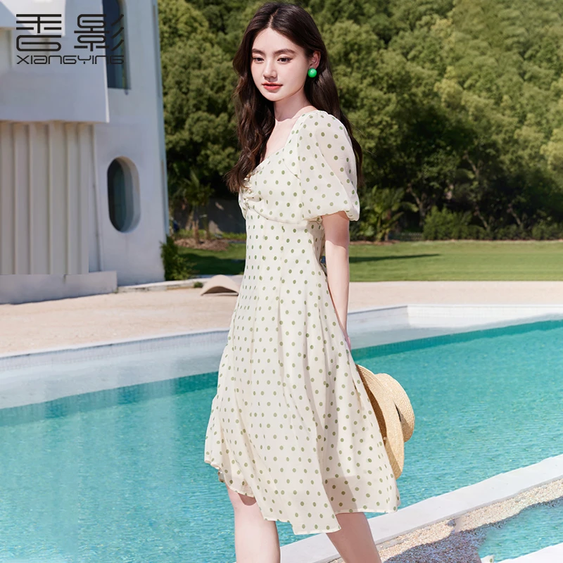 Q832432连衣裙 香影波点雪纺连衣裙女夏季新款过膝气质时尚