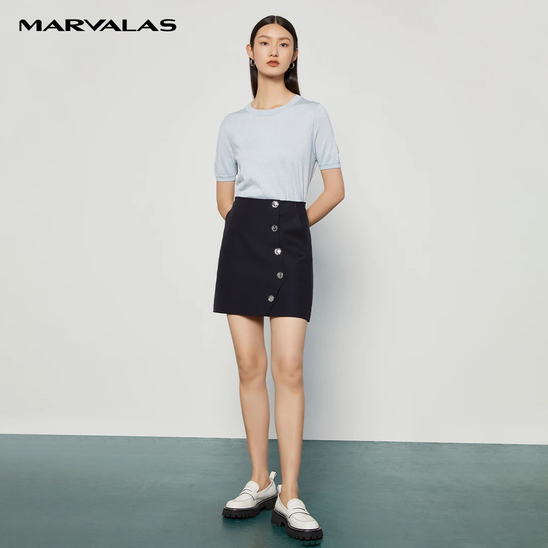 【小七专属】藏蓝高腰半身裙女夏季不规则M210361