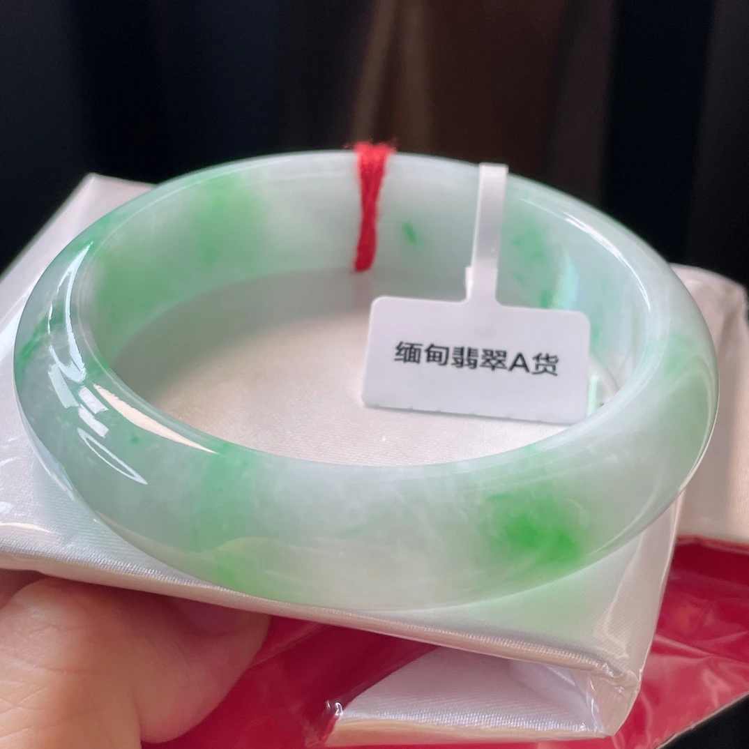0558缅甸天然翡翠A货58圈白底青飘阳绿宽边手镯时尚百搭女款精美