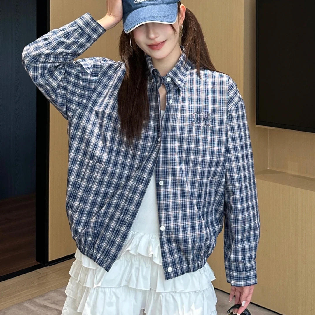 99新 MIU MIU/缪缪 25SS棉质长袖纽扣格子夹克外套 36码