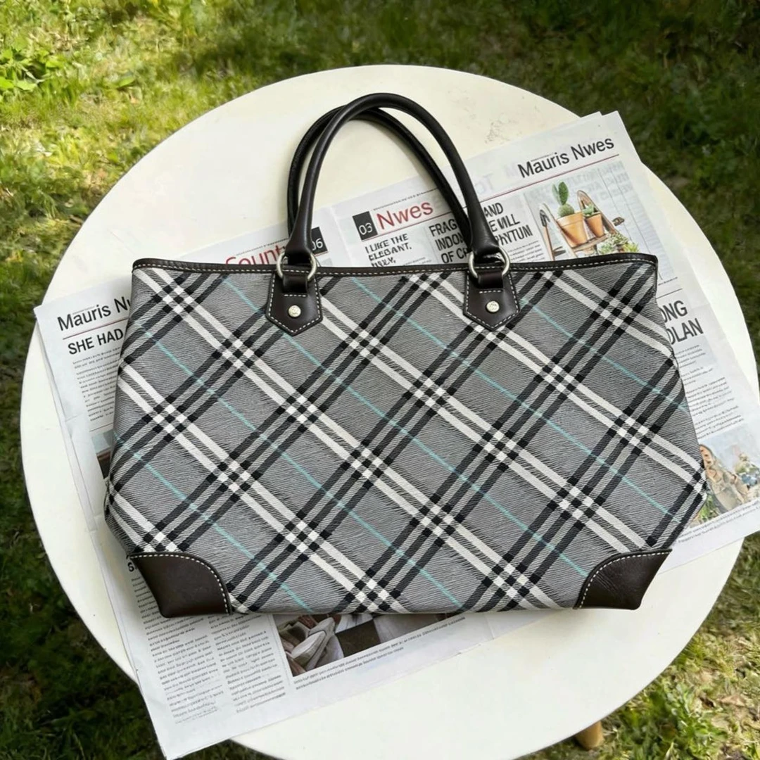 95新 BURBERRY/博柏利 大吉中古/Burberry灰蓝格纹托特包