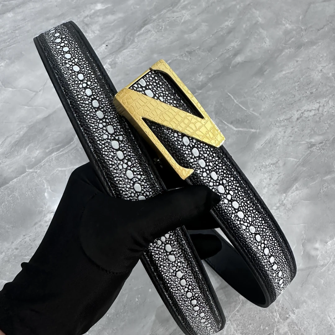 自动3.5珍珠鱼纹+不锈钢扣头层牛皮腰带潮流男士皮带时尚裤带男