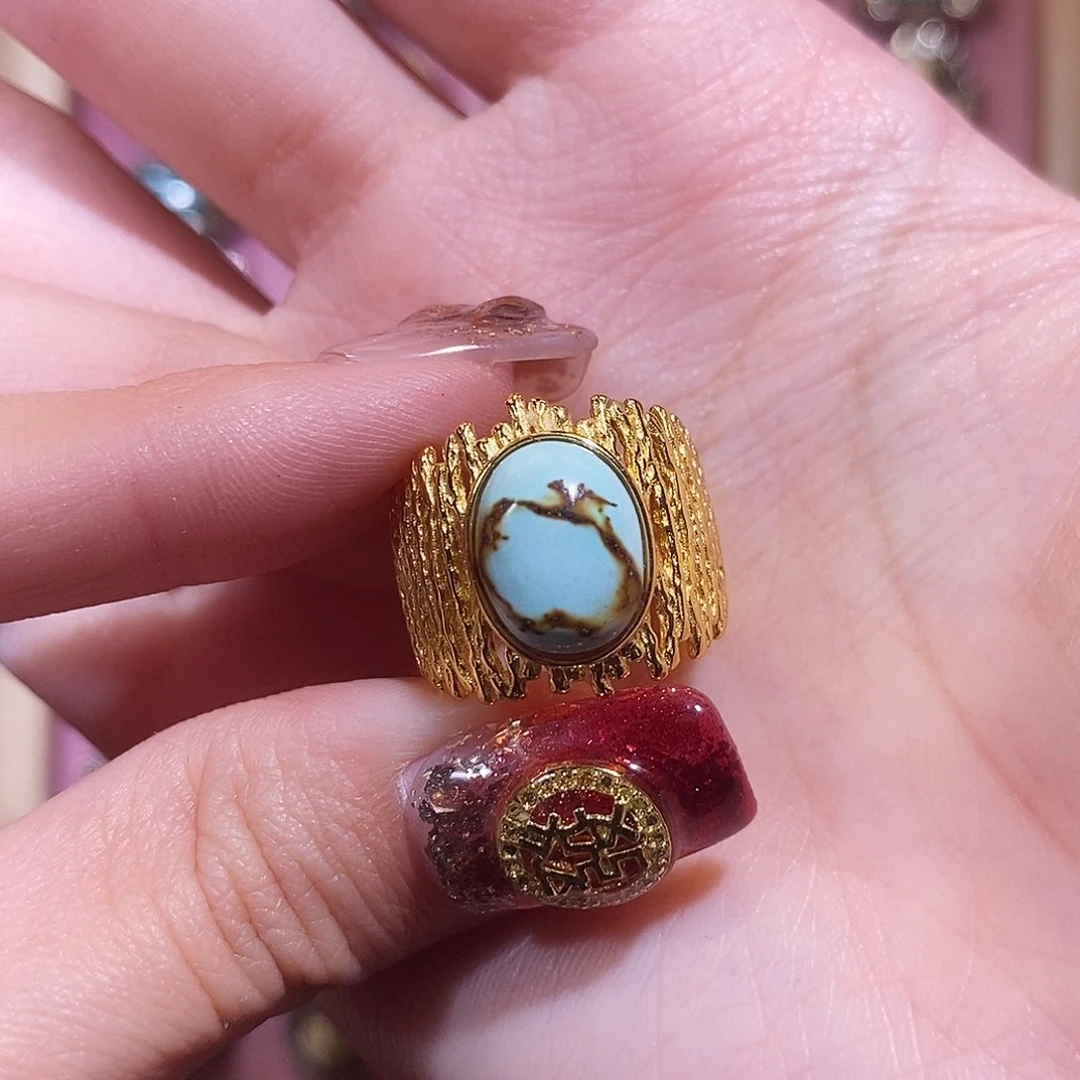 绿松石戒指银S925镀金镶嵌啊*戒指