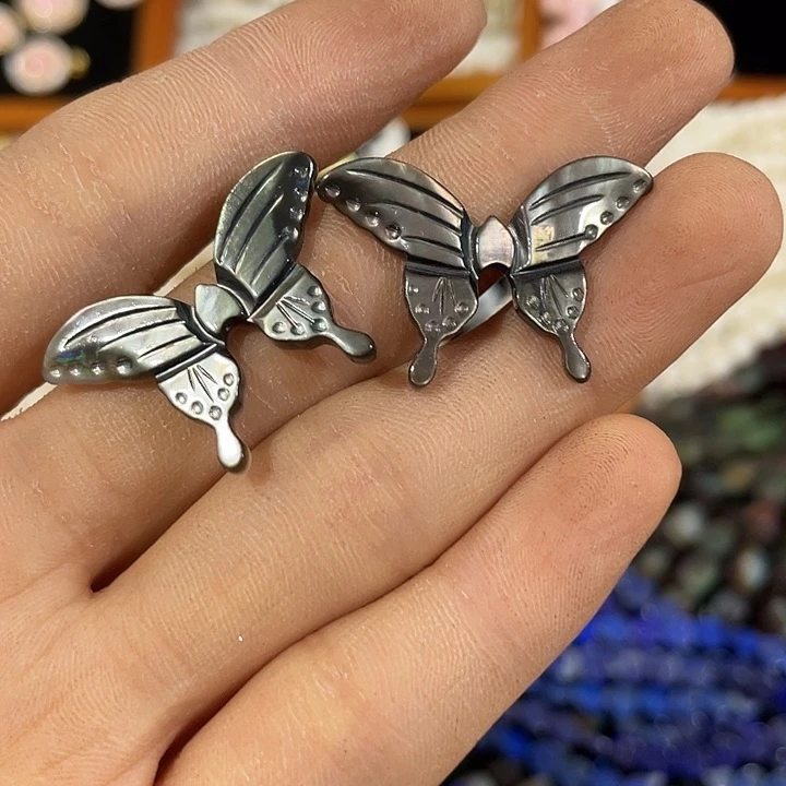 玛瑙/玉髓合金珠宝半成品2个中号黑蝶贝蝴蝶