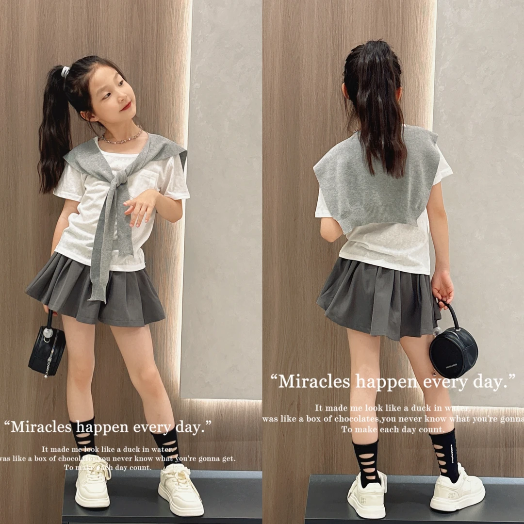 学院风套装夏季女童短袖正肩t恤穿搭一整套1新款高级外搭披肩