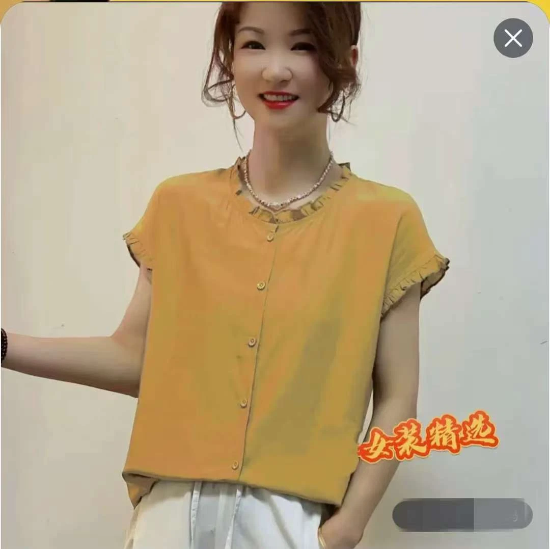 2025年女士小袖圆领花边时尚宽松小衫妈妈款舒适透气