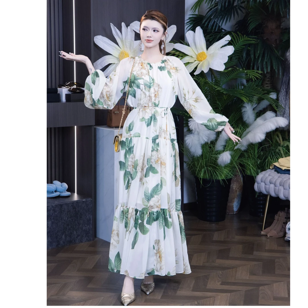 常规A字裙法式气质印花秋季V领套头连衣裙国风夏季晕染赫本风时尚