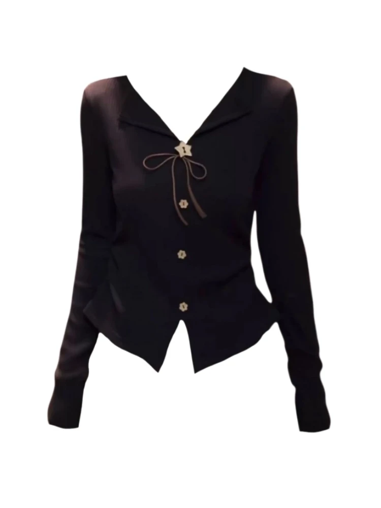 Amy家 微胖mm设计感蝴蝶结v领长袖T恤女2025秋季修身显瘦针织上衣