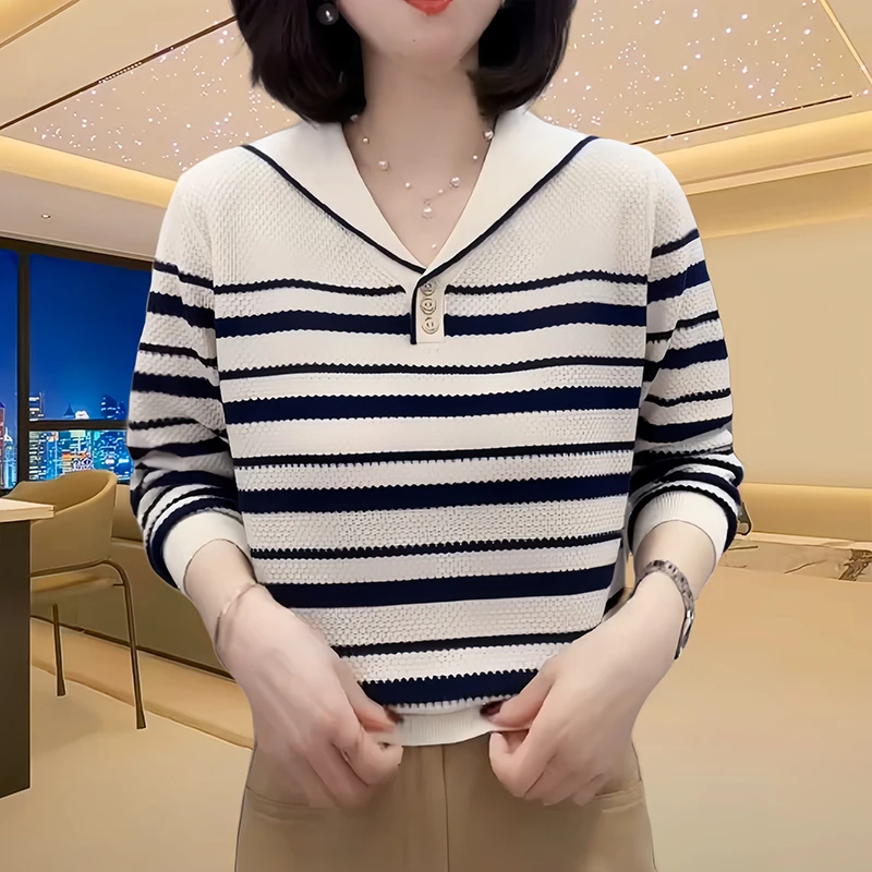 2025春季条纹长袖海军领针织衫毛衣女2025洋气高档大码薄款上衣女