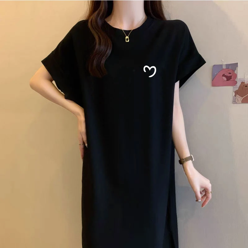 2025夏季新款短袖t恤裙女韩版时尚宽松休闲大码飞飞袖连衣裙长裙