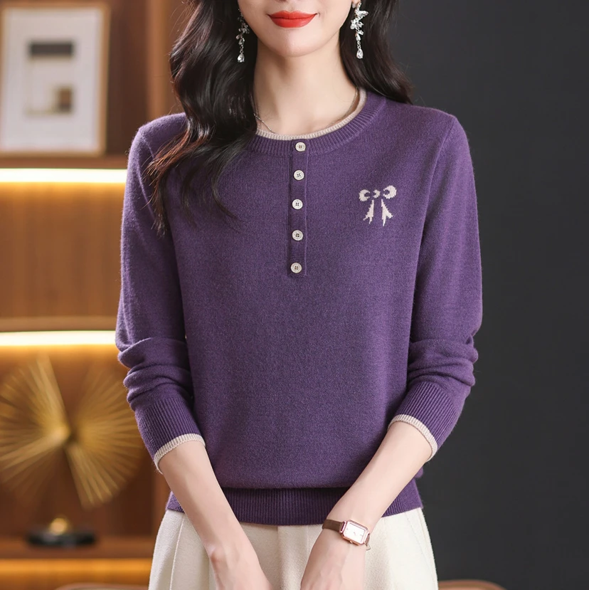 秋冬季新款圆领长袖针织毛衫女宽松显瘦洋气百搭套头打底衫