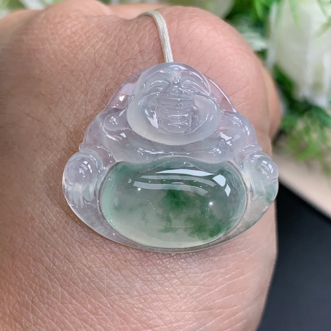 尺寸25.1×28.4×6.6缅甸天然翡翠A货正冰胶飘绿花佛公吊坠