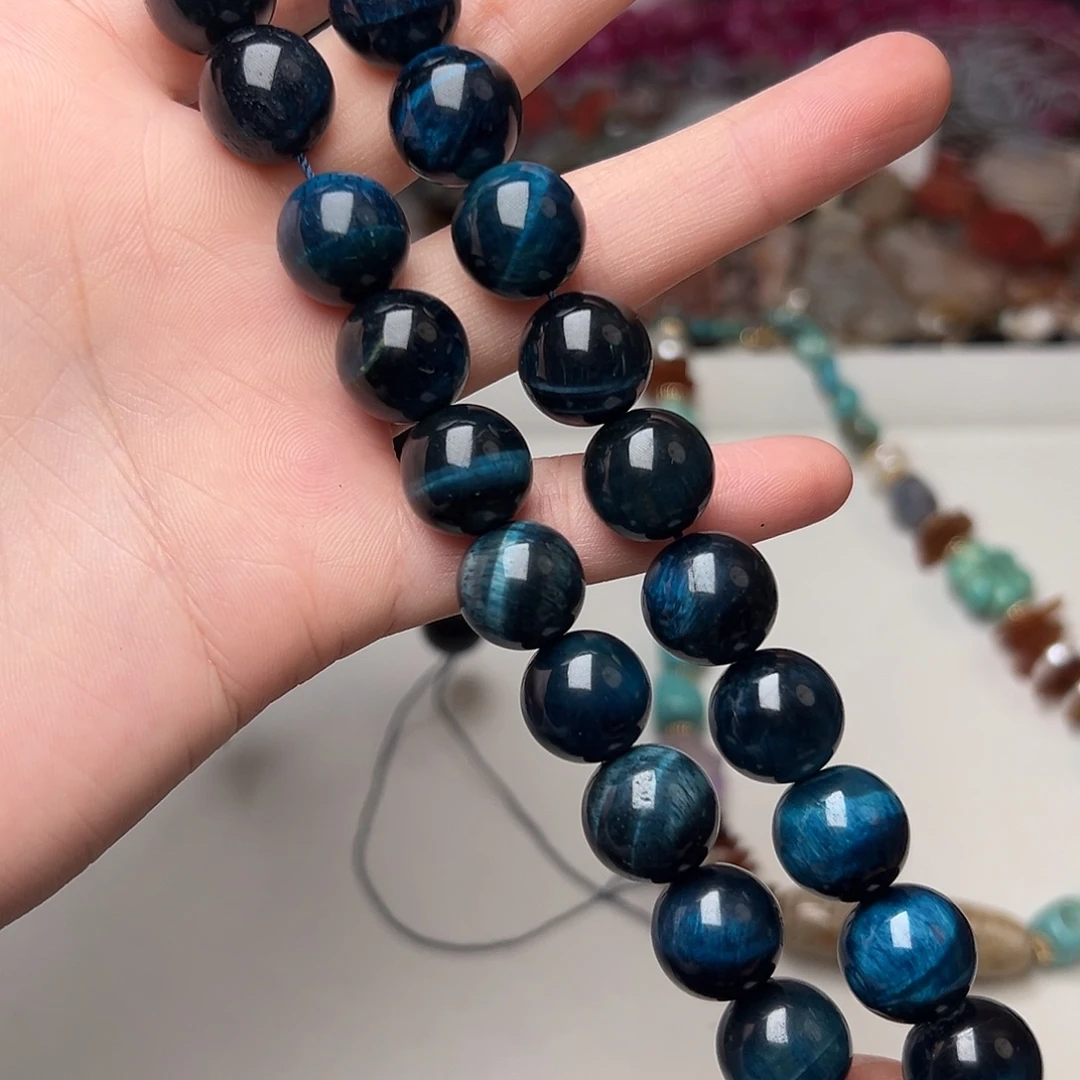 玛瑙/玉髓合金珠宝半成品G53。14mm天然蓝虎眼圆珠一条