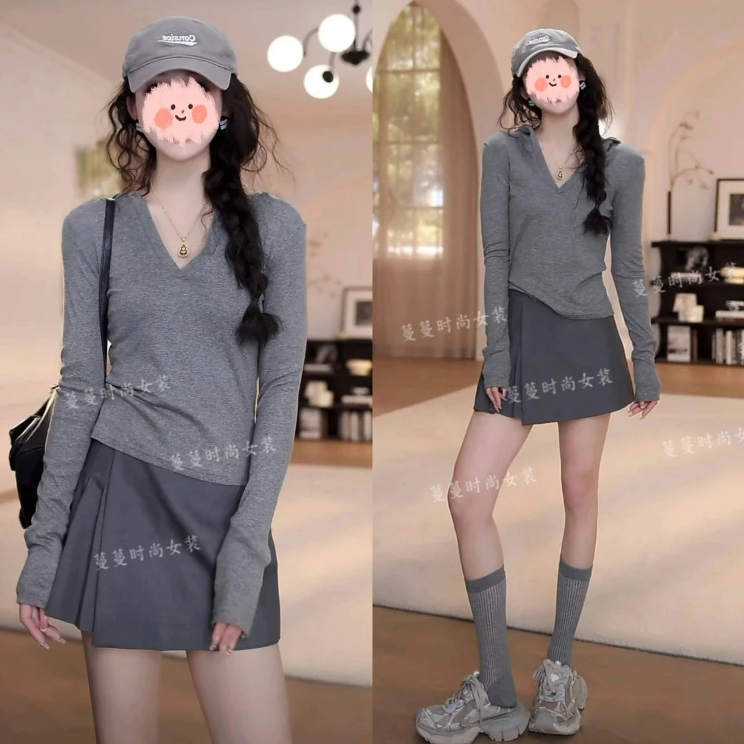 2025早春穿搭一整套洋气休闲装连帽T恤+百褶裙裤两件套新款爆款