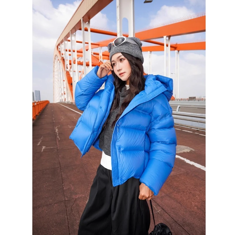 冬季小个子蓝色泡芙连帽宽松棉服女2025新款短款防寒保暖外套潮