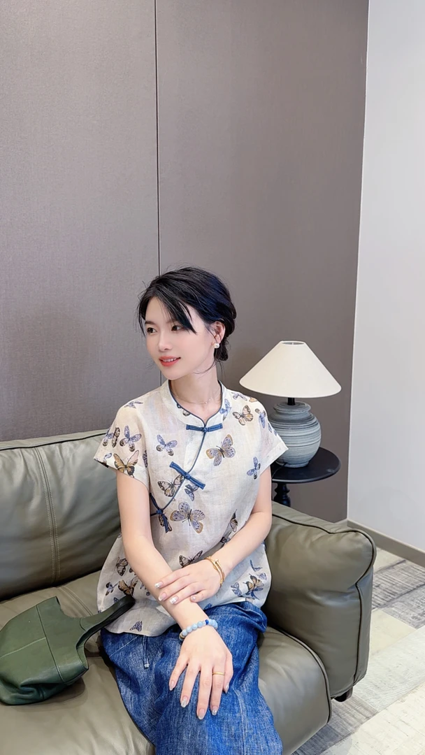 【夏语蝶】夏季新中式国风斜襟一字扣盘扣薄款休闲印花上衣T恤25263