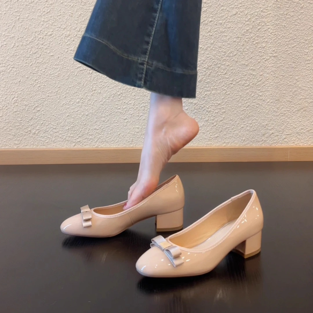 Pokoy-4cm粗跟小方头蝴蝶结单鞋浅口女配裙子
