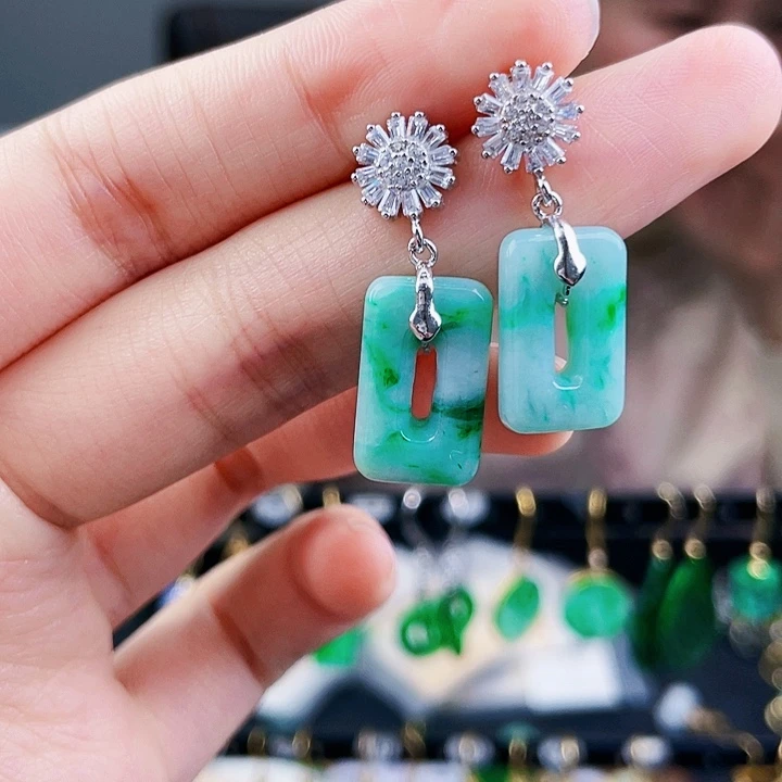 翡翠耳饰银S925镶嵌饰品