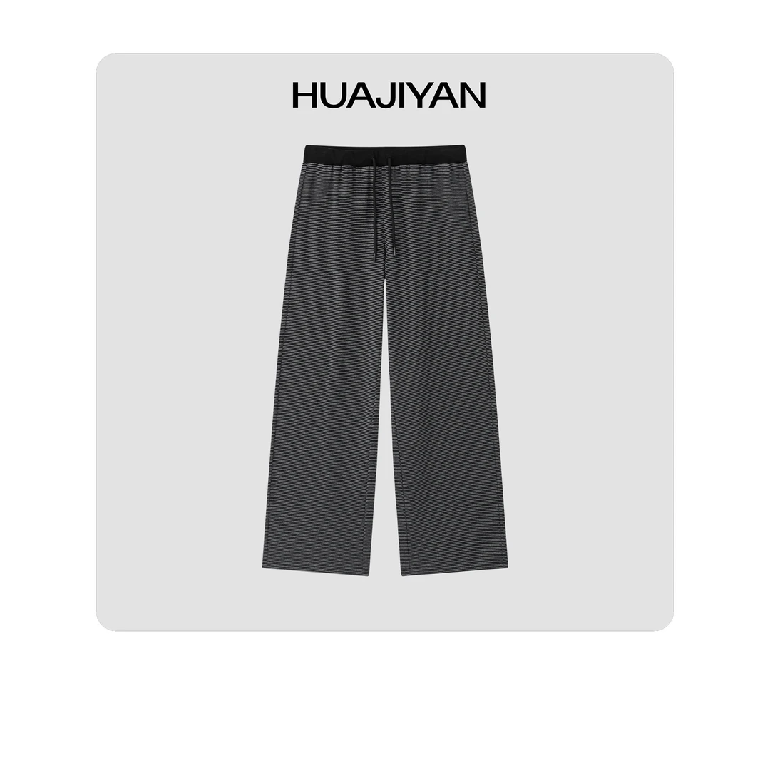 华吉言/HUAJIYAN【音轨】棉氨混纺细条纹抽绳松紧腰休闲裤