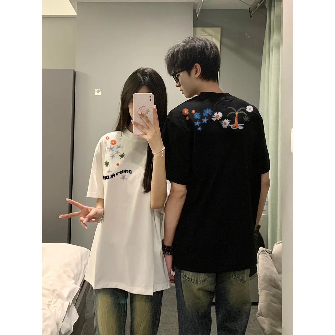 美式趣味花卉印花情侣短袖男春夏季宽松休闲重磅纯棉t恤圆领上衣