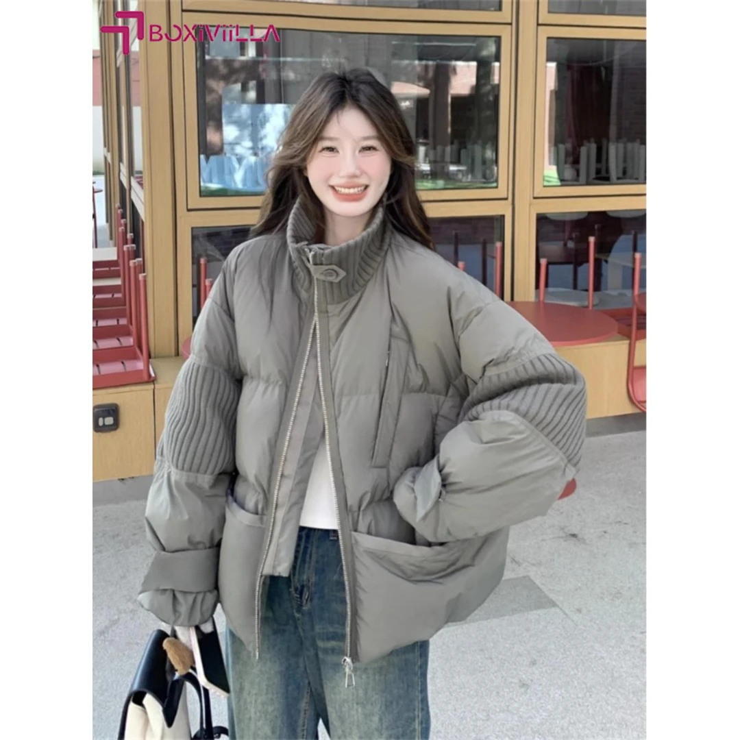 Boxiviilla灰绿色羽绒服女冬季设计感针织拼接慵懒风韩系小个子白
