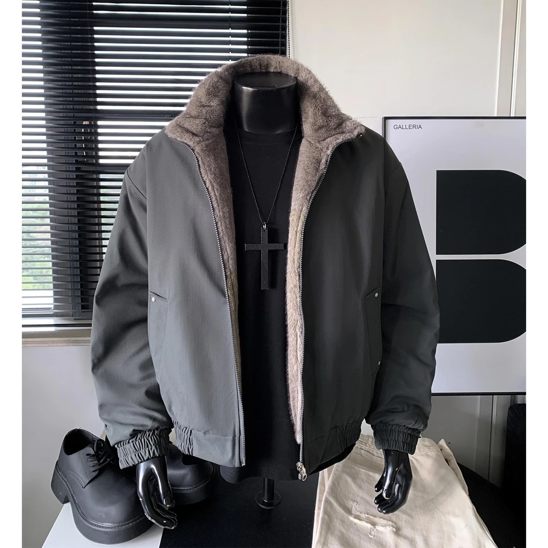 冬季新款两面穿水洗鱼骨纹银蓝狐座山雕棉衣男加绒加厚保暖棉衣男