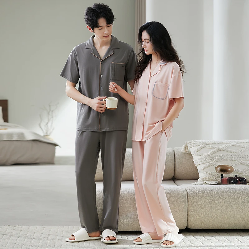 短袖长裤男士夏季薄款纯色加大码纯棉情侣睡衣家居服休闲女士情侣