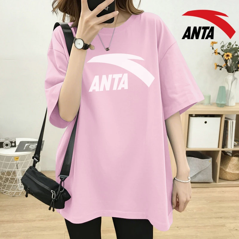 安踏粉色t恤女短袖夏装宽松大码遮肉圆领印花半袖上衣女952528112