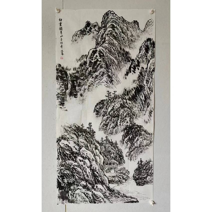 2897  纯手绘老字画《纯水墨山水》中堂  尺寸 137×68