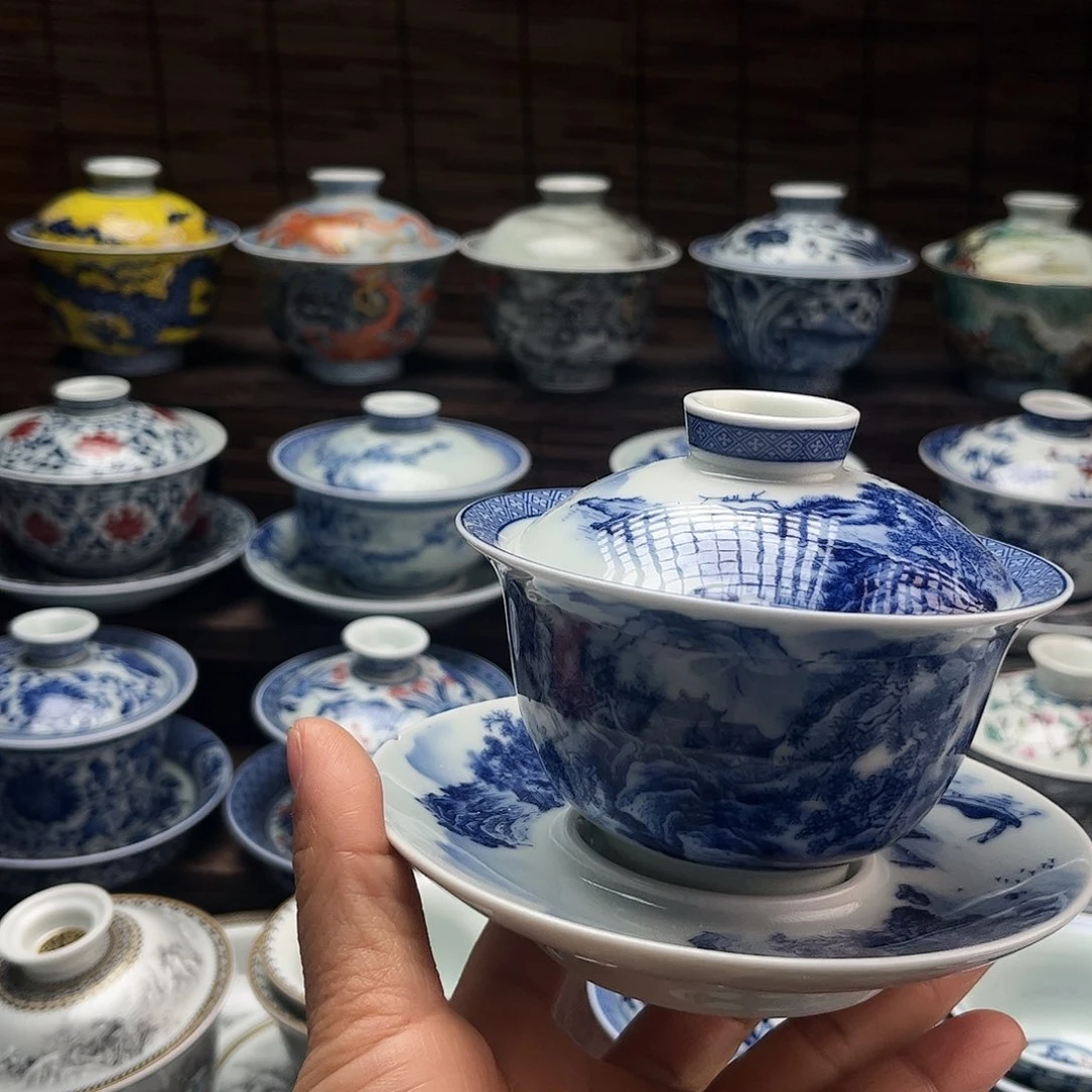 摆件陶景德镇陶瓷三才盖碗