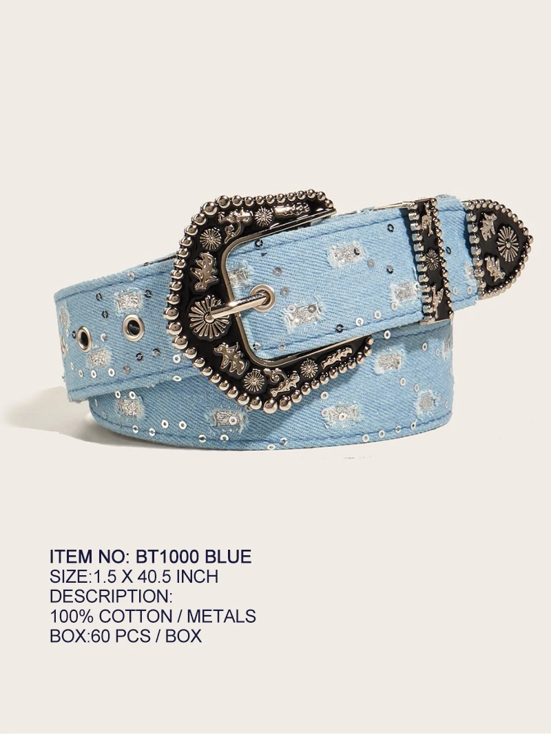 女水钻光面中性简约风腰带皮带绣花复古休闲潮流ins小众镶钻蓝色