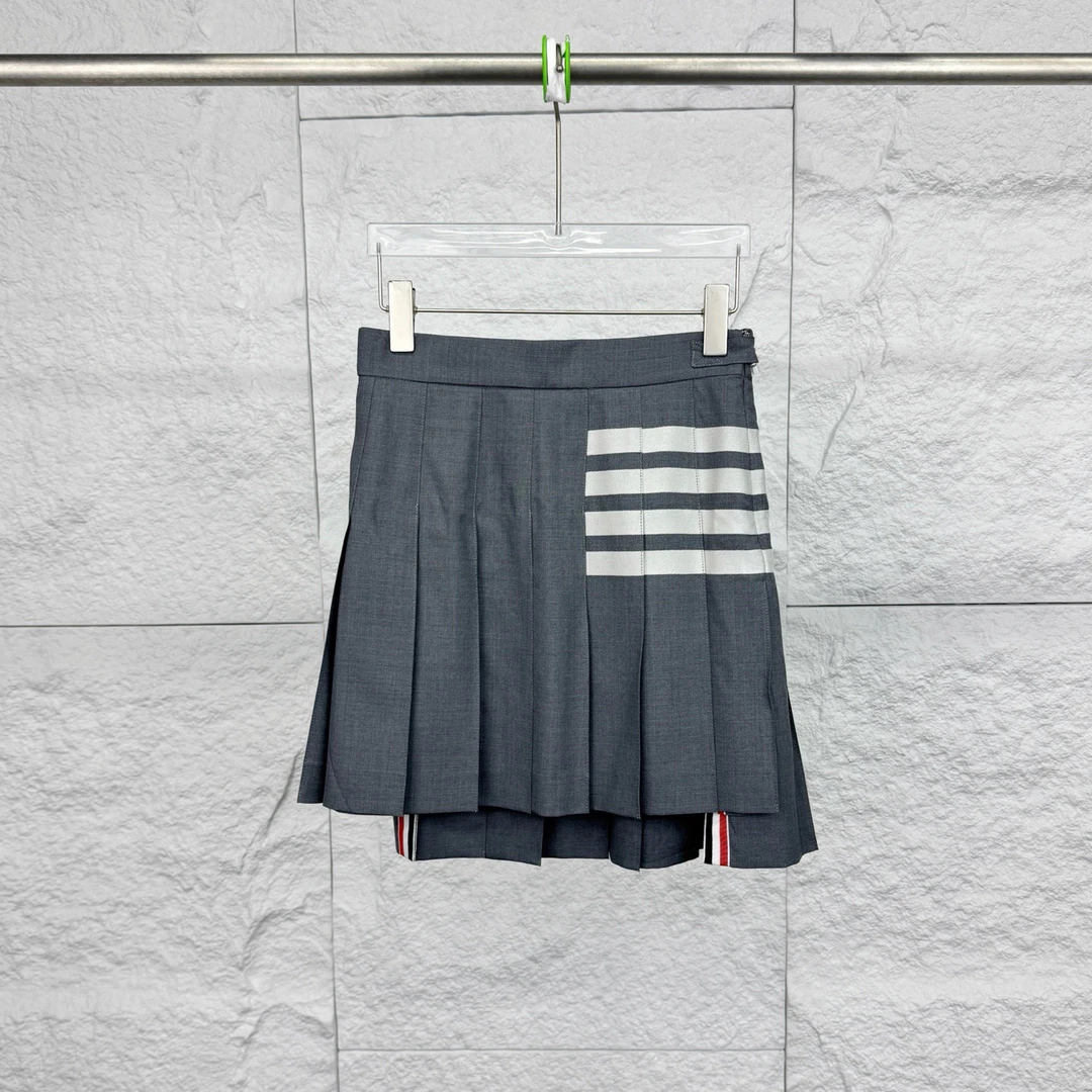 未使用 THOMBROWNE 38码/四条纹灰色百褶裙/17796371