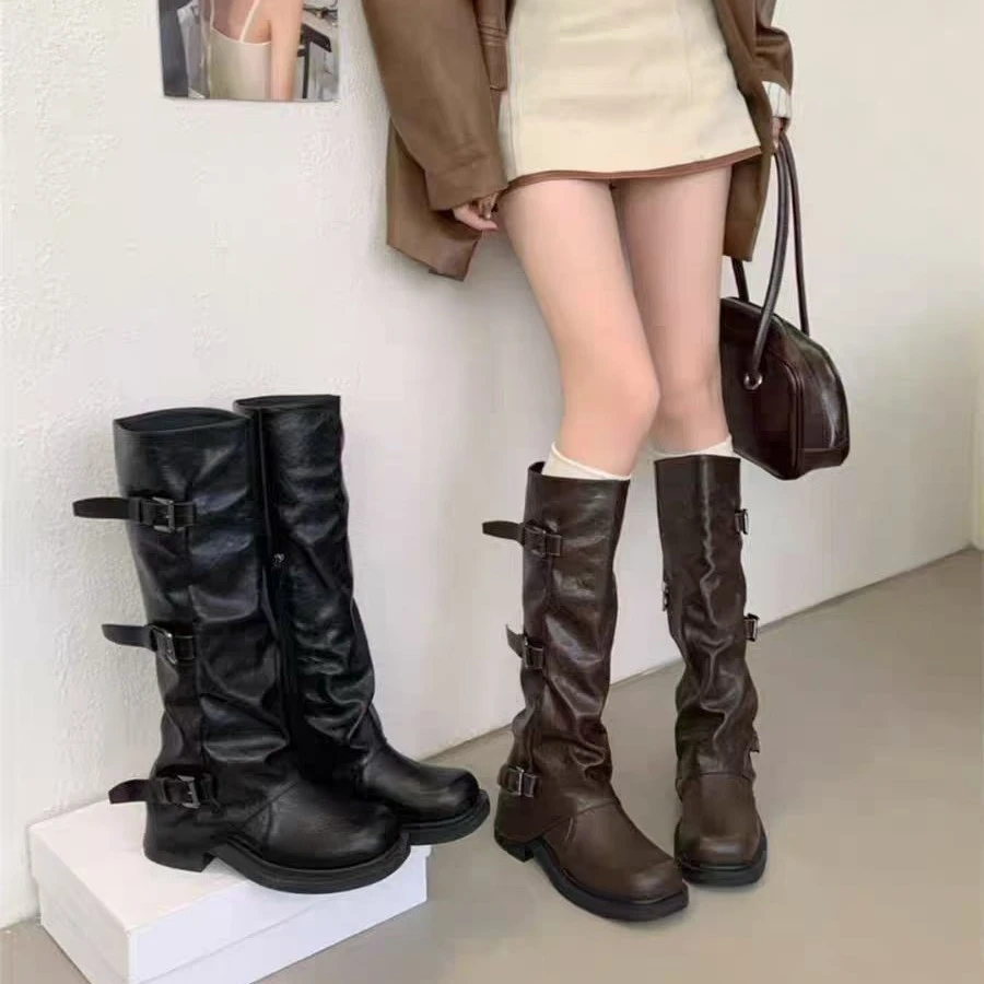 2025新款秋季不过膝黑色高筒靴女复古机车风粗跟显瘦骑士靴裤管靴