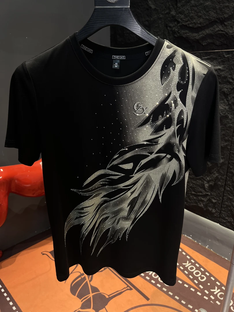 羽毛短袖烫钻字母常规夏季圆领T恤设计师清性感风