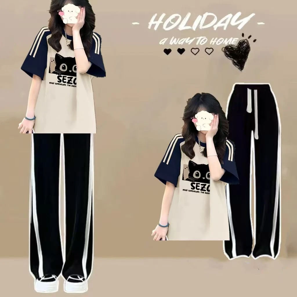 女大童初中高中生夏季穿搭一整套美式短袖T恤休闲运动套装两件套