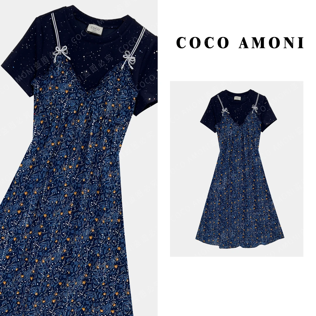 [LL]新款重工碎花时尚女装拼接假两件气质高定连衣裙AC420