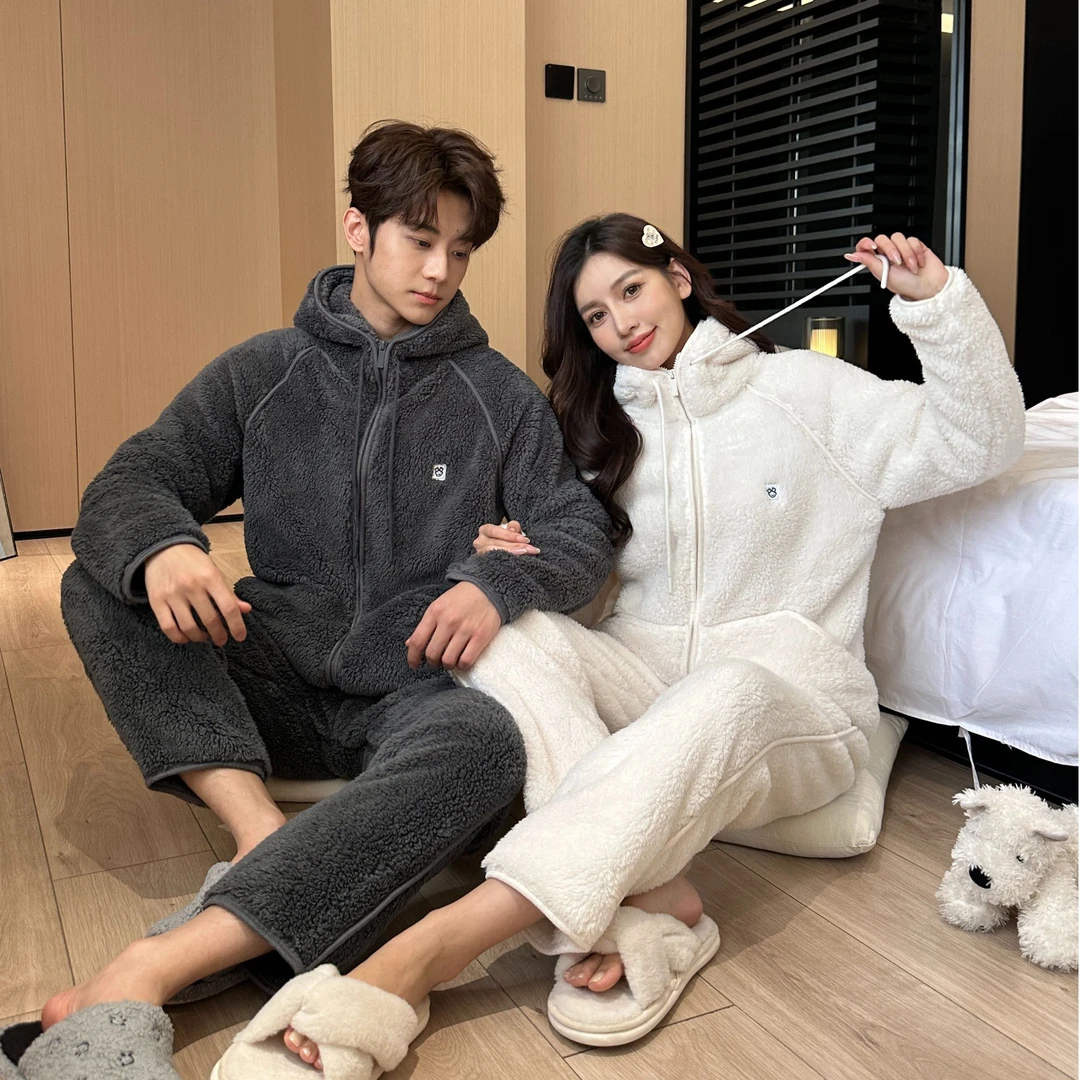时尚休闲连帽宽松加厚加绒保暖情侣秋冬季睡衣