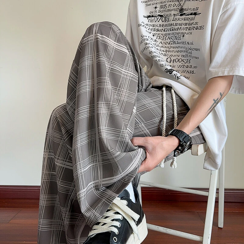 格子薄款夏季中腰长裤免烫休闲裤港风直筒ins大码百搭潮流宽松