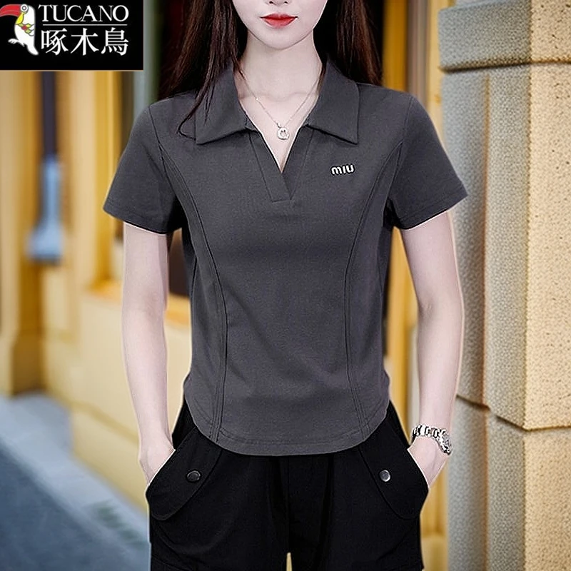 啄木鸟2025年新款POLO领刺绣T恤中年妈妈装夏季短袖洋气小众上衣