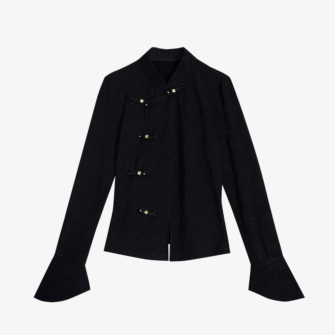 【星云】新中式黑色提花打底衫秋冬加绒立领手工盘扣长袖上衣