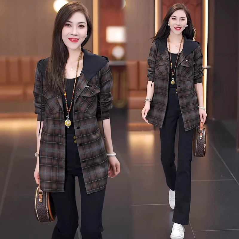 【有间】爆款格子衬衣外套女时尚宽松连帽上衣2024秋装衬衫气质小衫